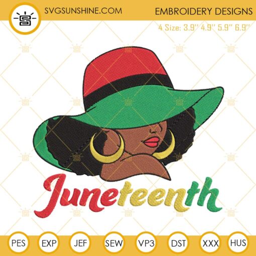 Juneteenth Sun Hat Woman Embroidery Designs, Afro Girl Embroidery Files