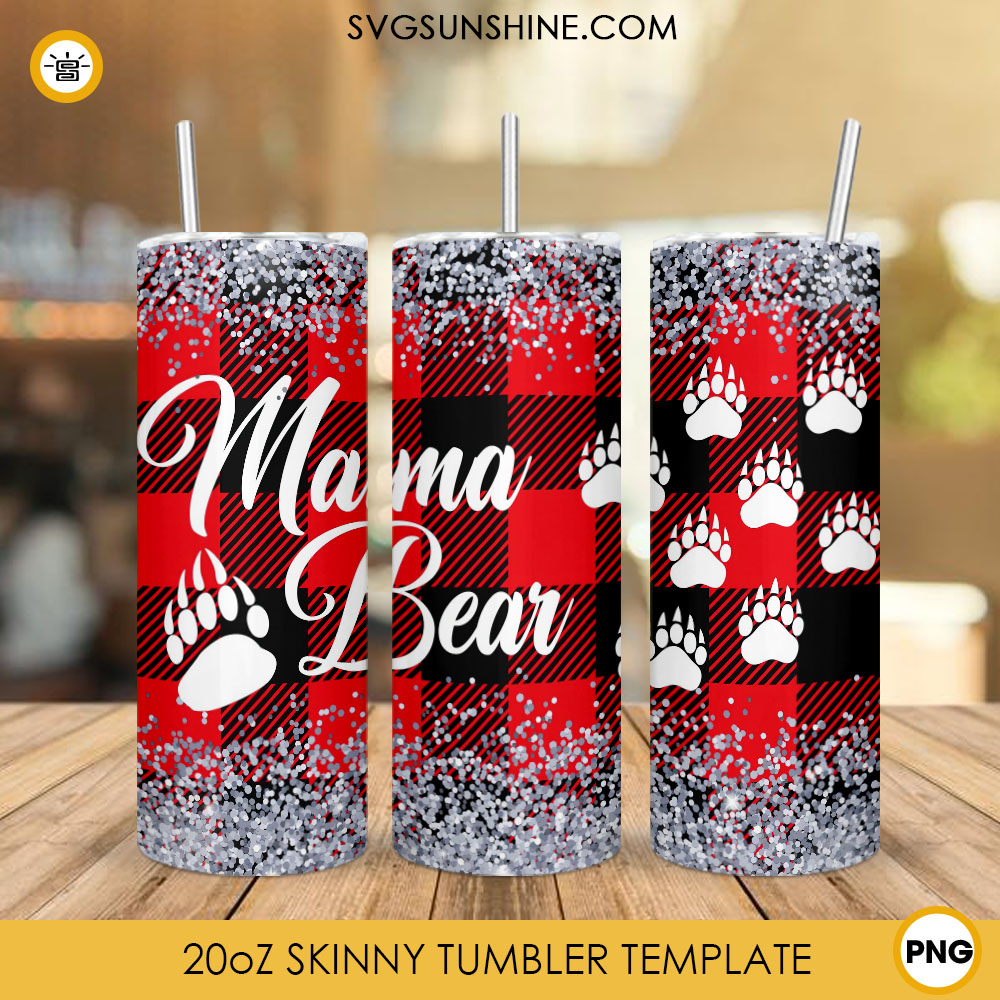 Mama Bear Buffalo Plaid Skinny Tumbler Wrap, Funny Mom Tumbler PNG Design