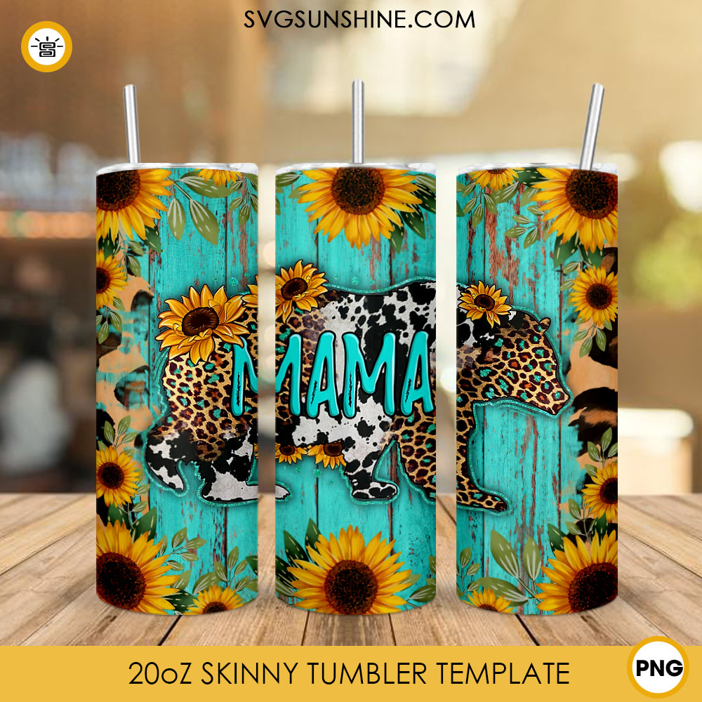 Mama Bear Sunflowers Leopard Cowhide 20oz Skinny Tumbler Design, Western Mom Tumbler PNG Downloads