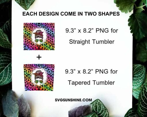 Messy Rainbow Bun Leopard 20oz Skinny Tumbler Wrap, Mom Life Tumbler Sublimation Design PNG