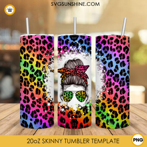 Messy Rainbow Bun Leopard 20oz Skinny Tumbler Wrap, Mom Life Tumbler Sublimation Design PNG