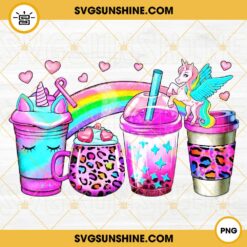 Unicorn Coffee Cups PNG, Rainbow Coffee PNG, Leopard Print Latte Coffee PNG