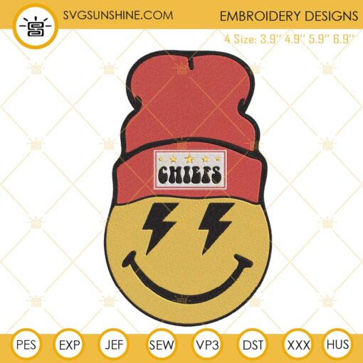 Chiefs Smiley Face Beanie Embroidery Designs, Kansas City Chiefs Embroidery File Instant Download
