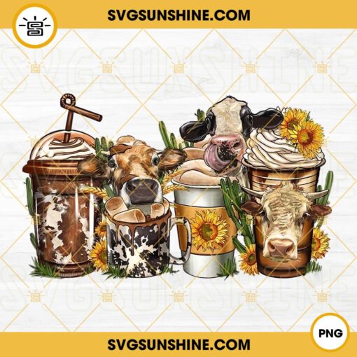Western Cow Coffee Cups PNG, Sunflowers Coffee PNG, Cowgirl Farmer PNG, Cow Drink PNG Design