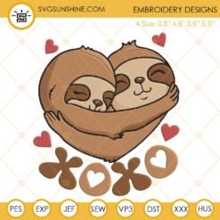 Xoxo Sloth Valentine Embroidery Designs, Animal Love Embroidery Files