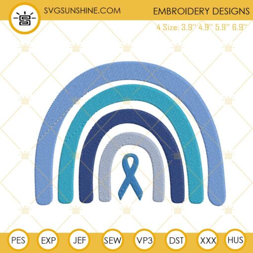 Blue Rainbow Ribbon Embroidery Designs, Autism Awareness Embroidery Files