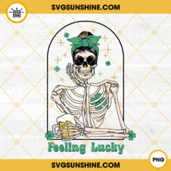 Feeling Lucky PNG, Skull Messy Bun Drinking Beer PNG, Shamrock PNG, Funny St Patricks Day PNG
