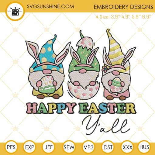 Happy Easter Yall Embroidery Designs, Gnomes Easter Bunny Embroidery Files