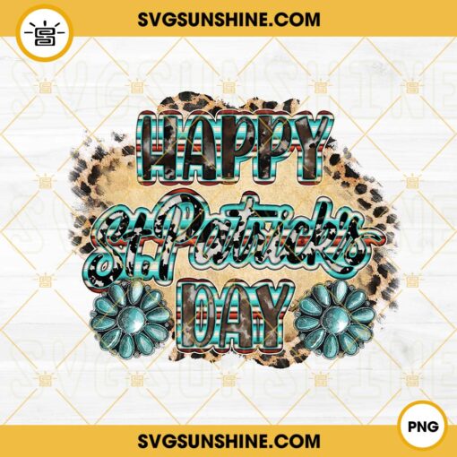 Happy St Patricks Day Western PNG, Leopard Print PNG, Turquoise Gemstone PNG, Lucky Charms PNG