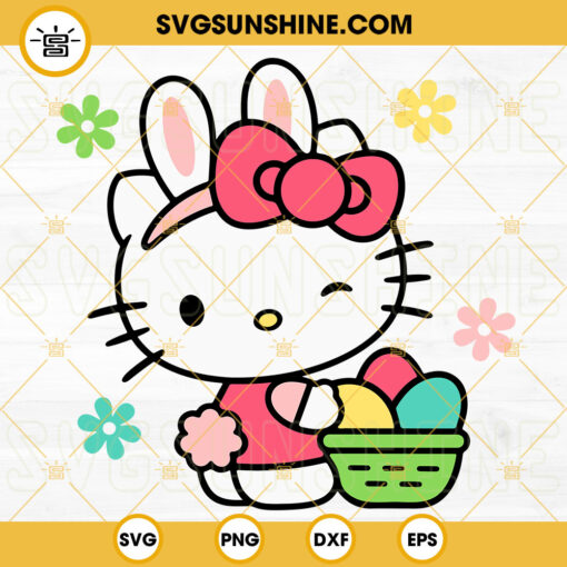Hello Kitty Cat Easter Bunny SVG, Easter Eggs Basket SVG, Cute Easter Day SVG PNG DXF EPS Digital Downloads