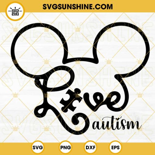 Love Autism SVG, Autism Mickey Head SVG, Puzzle Piece SVG, Autism Support Child SVG PNG DXF EPS Files