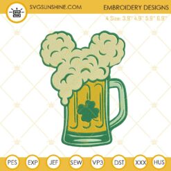 Mickey Ears Shamrock Beer Mug Embroidery Design, St Patricks Day Drinks Embroidery File
