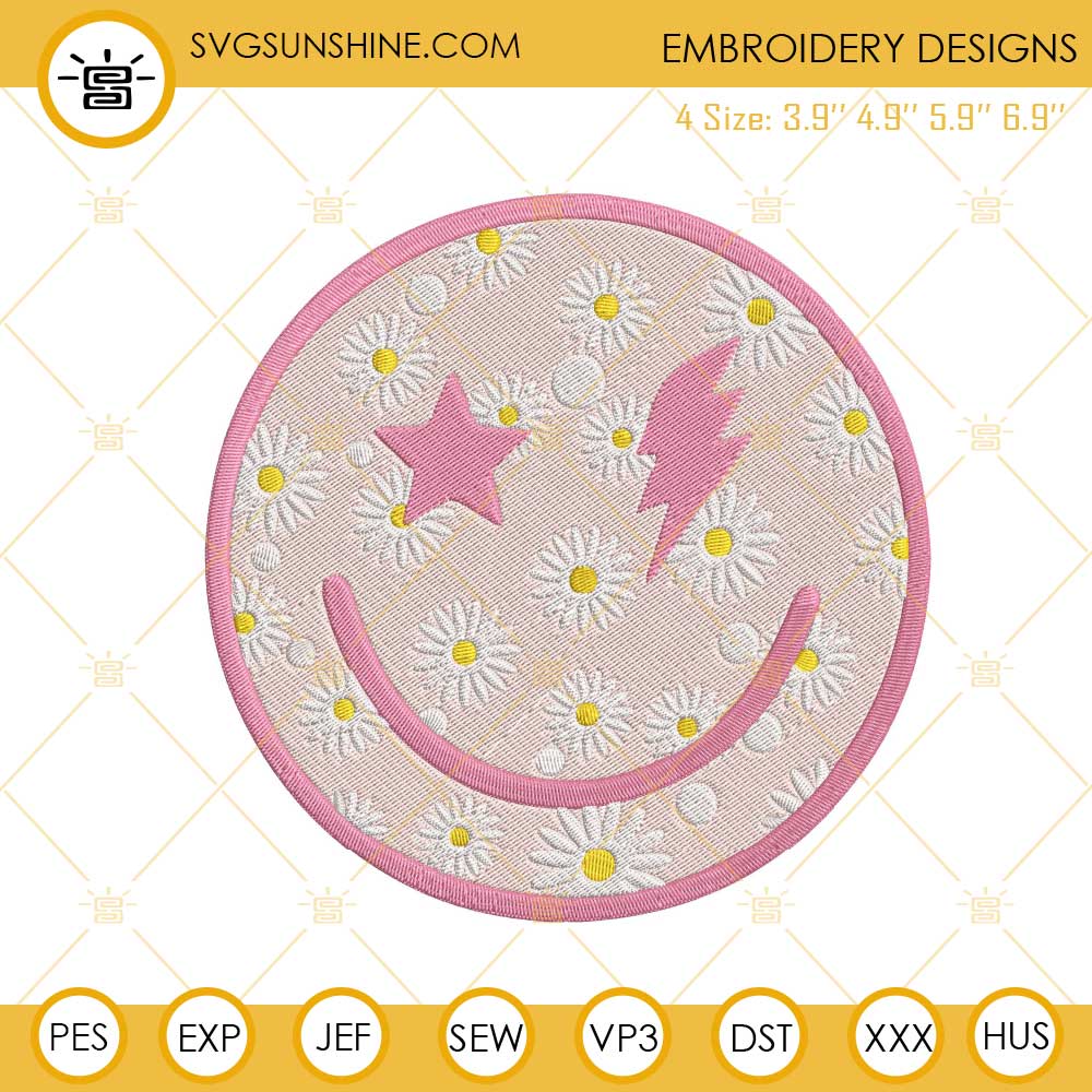 Pink Daisy Flower Smiley Face Embroidery Design, Retro Embroidery File