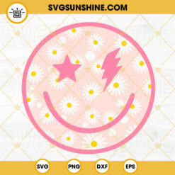 Pink Smiley Face Daisy SVG, Star Lightning Bolt Eyes SVG, Retro SVG PNG DXF EPS Instant Download