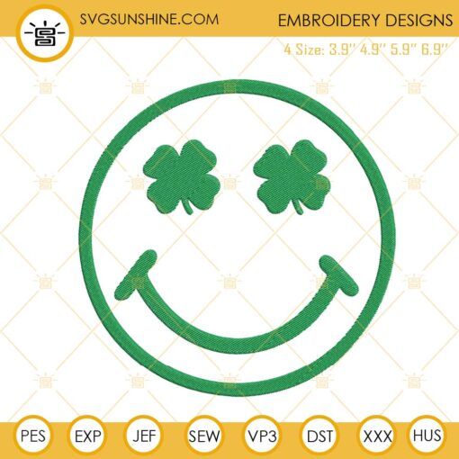 Smiley Face Shamrock Eyes Embroidery Design, Cute St Patricks Day Machine Embroidery File