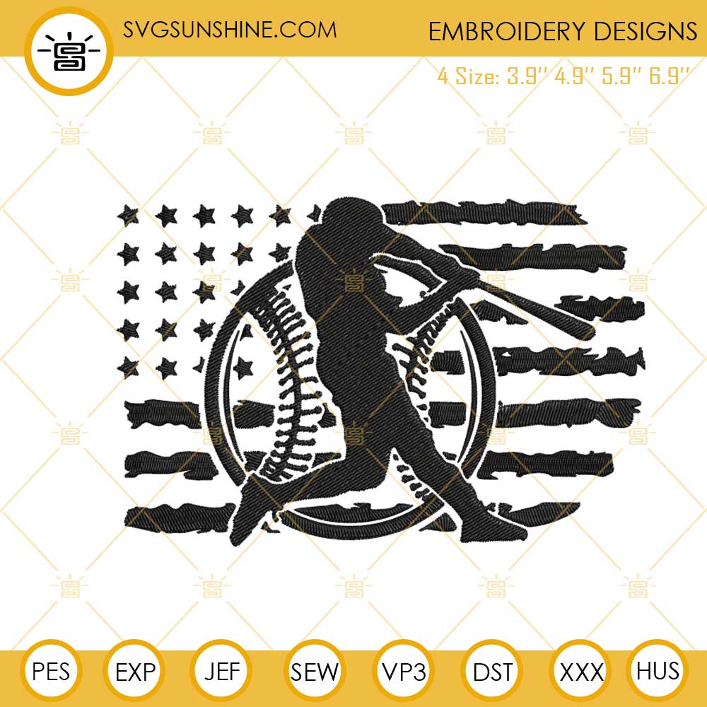 Baseball US Flag Embroidery Design, Baseball Player Embroidery File