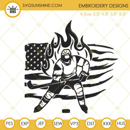 American Flag Hockey Player Embroidery Design, Sports Embroidery File