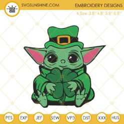 Baby Yoda With Clover Leaf Embroidery Design, Star Wars St Patricks Day Embroidery File