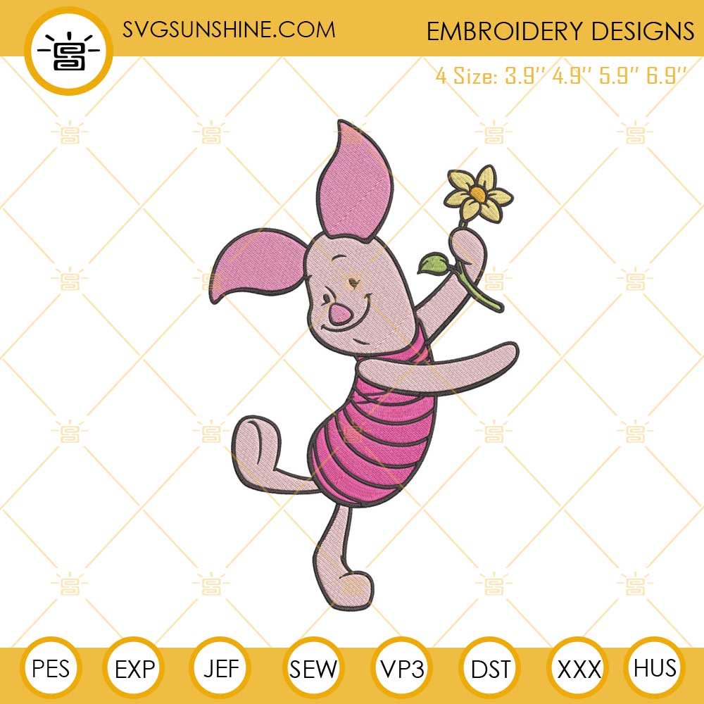 Piglet With Flower Embroidery Design, Winnie The Pooh Embroidery File