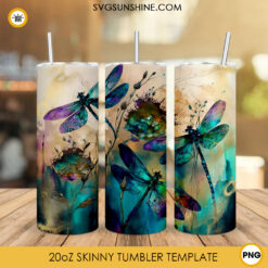 Watercolor Dragonfly 20oz Skinny Tumbler Wrap PNG, Spring Time Straight And Tapered Tumbler Template PNG Design