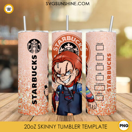 Chucky Starbucks Coffee 20oz Skinny Tumbler Wrap PNG, Horror Movie Tumbler Template PNG
