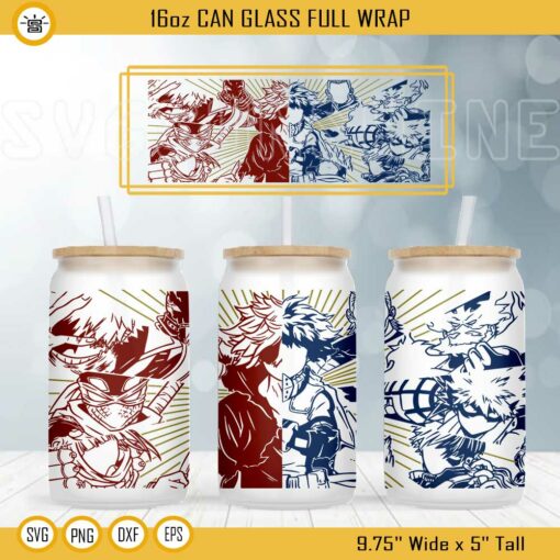 Anime Heroes VS Villains 16oz Libbey Can Glass Wrap SVG, Anime Characters Cup Wrap SVG PNG DXF EPS