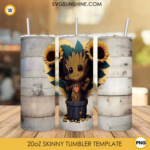 Baby Groot Sunflower 20oz Skinny Tumbler PNG, Guardians Of The Galaxy Tumbler Template PNG