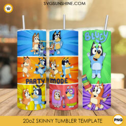 Bluey Party Mode 20oz Skinny Tumbler Template PNG, Bluey Dance Tumbler Wrap PNG Digital Download