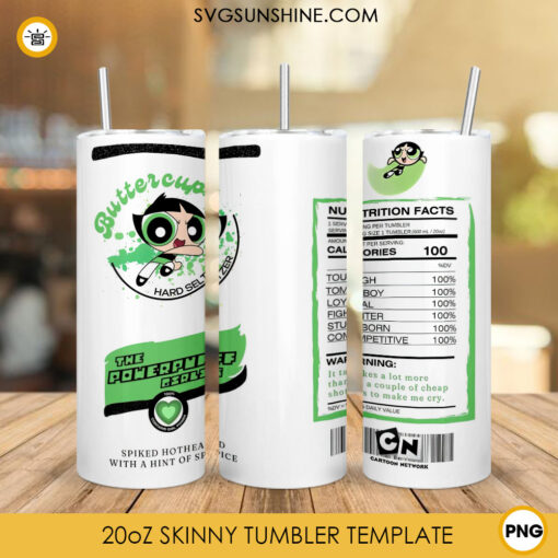 Buttercup Powerpuff Girls Hard Seltzer Nutrition Facts 20oz Skinny Tumbler PNG Sublimation, Cartoon Girl Characters Tumbler Wrap Template PNG