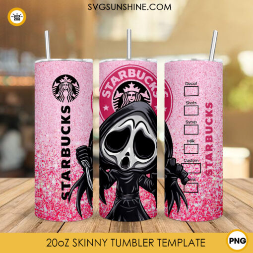 Chibi Ghostface Starbucks Coffee 20oz Skinny Tumbler Wrap PNG, Scream Horror Movie Tumbler Template PNG