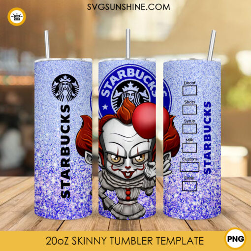 Chibi Pennywise Starbucks Coffee 20oz Skinny Tumbler Wrap PNG, It Horror Movie Halloween Tumbler Template PNG