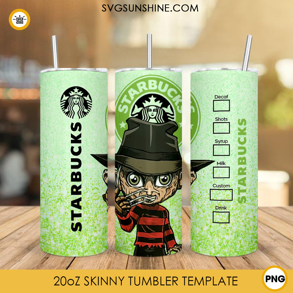 Cute Freddy Krueger Starbucks Coffee 20oz Skinny Tumbler Wrap PNG, Elm Street Tumbler Template PNG