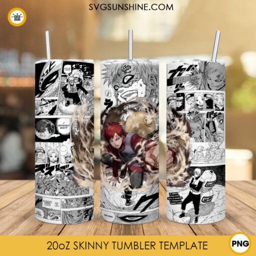 Gaara 20oz Skinny Tumbler Wrap PNG, Naruto Character Template Tumbler Design PNG Digital Download
