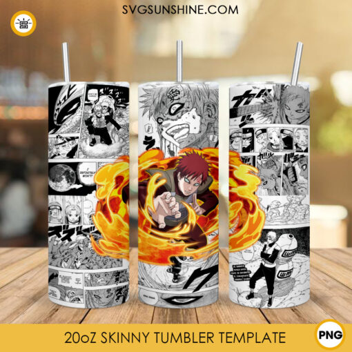 Gaara Sunagakure 20oz Skinny Tumbler Wrap PNG, Anime Naruto Template Tumbler Design PNG
