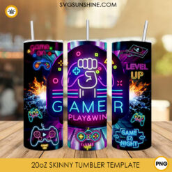 Gamer Play And Win 20oz Skinny Tumbler Wrap PNG, Video Game Tumbler Template PNG For Sublimation