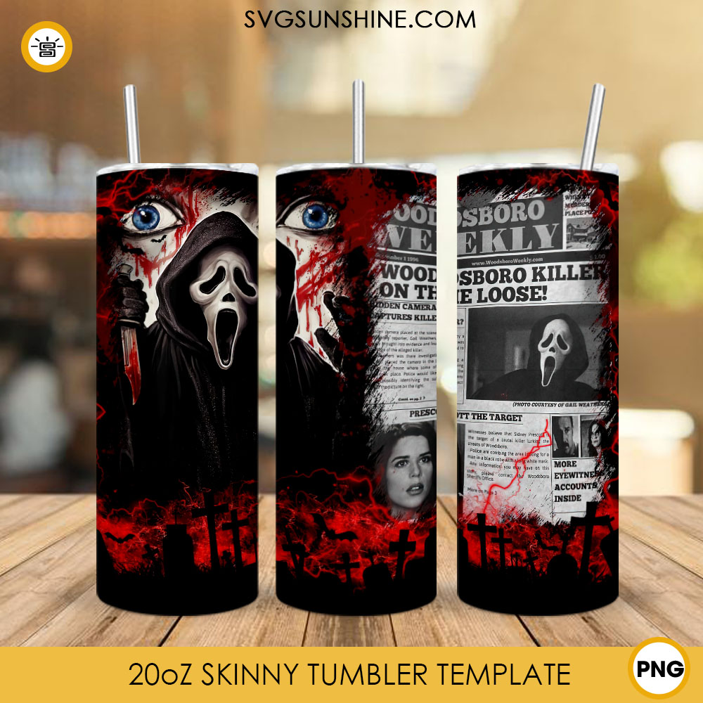 Ghostface Scream 20oz Skinny Tumbler Wrap PNG, Horror Movies Halloween Tumbler Template PNG Design