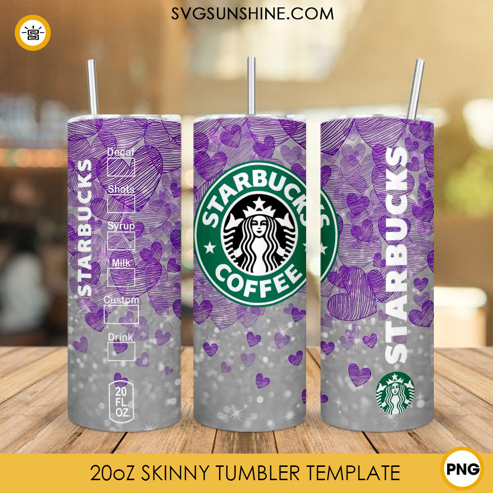 Glitter Heart Starbucks Coffee 20oz Skinny Tumbler Wrap Template PNG Sublimation
