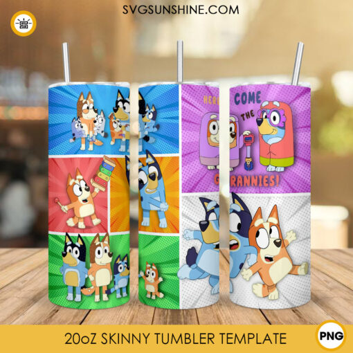 Here Come The Grannies Bluey 20oz Skinny Tumbler Template PNG, Bluey Family Characters Tumbler Wrap PNG File