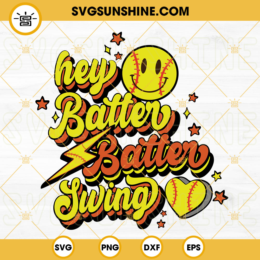 Hey Batter Batter Swing Softball SVG, Retro Smiley Face SVG, Summer Sports SVG PNG DXF EPS