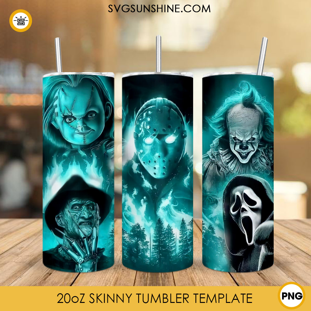 Horror Movies 20oz Skinny Tumbler PNG, Halloween Tumbler Wrap Template PNG Sublimation Designs