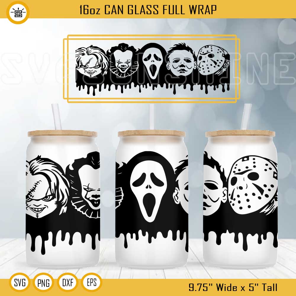 Horror Movies Killers 16oz Libbey Can Glass Wrap SVG, Halloween Movies Cup Wrap SVG PNG DXF EPS