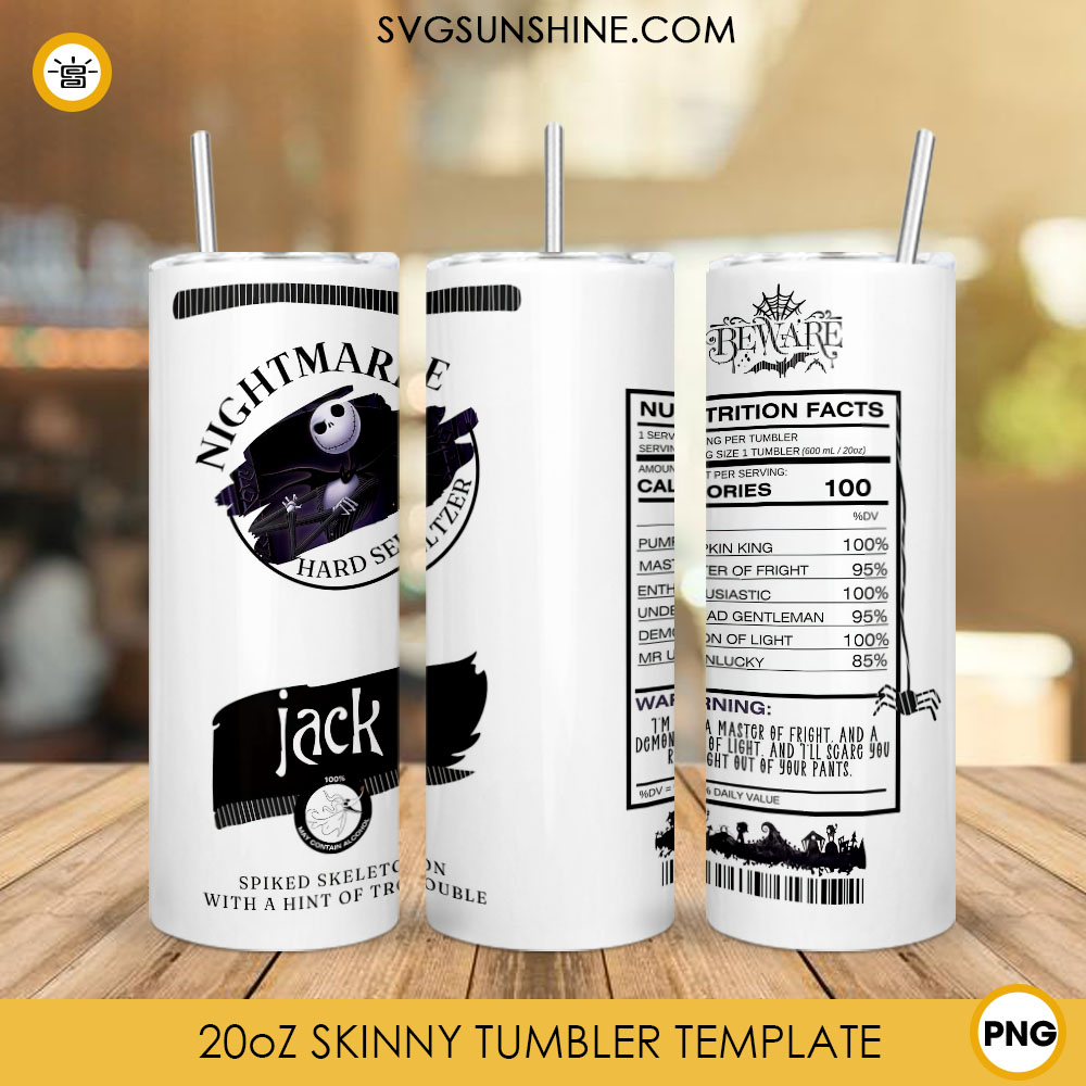 Jack Skellington Hard Seltzer Nutrition Facts 20oz Skinny Tumbler PNG, The Nightmare Before Christmas Tumbler Wrap Template PNG Design