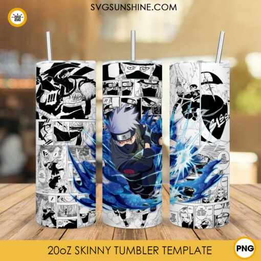 Kakashi Of The Sharingan 20oz Skinny Tumbler Wrap PNG, Naruto Shippuden Characters Tumbler Template PNG