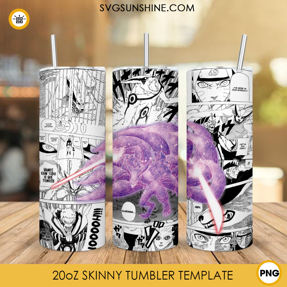 Kurama 20oz Skinny Tumbler Wrap PNG, Naruto Tumbler Template Design PNG