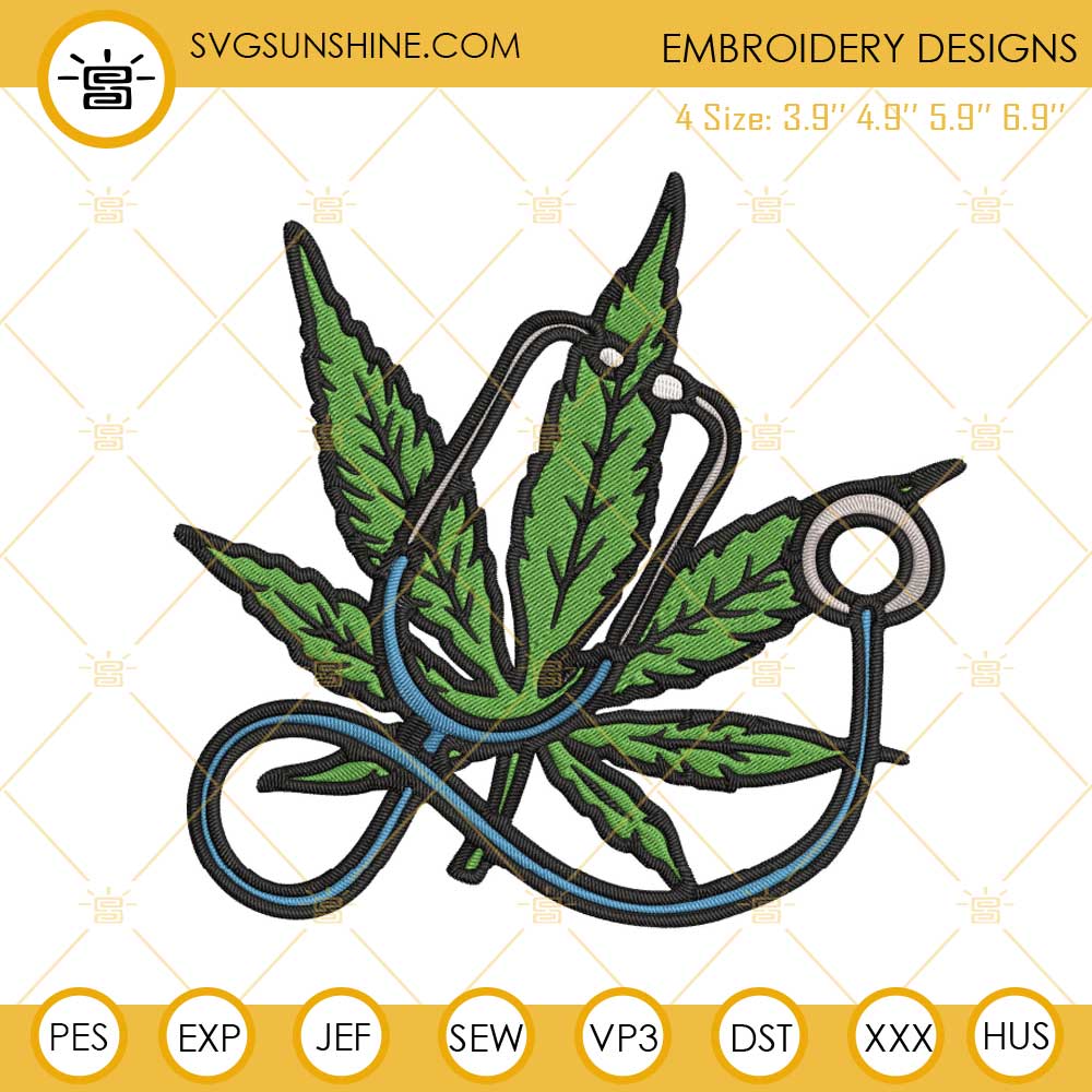 Cannabis Leaf Stethoscope Embroidery Designs, Marijuana Nurse Embroidery Files