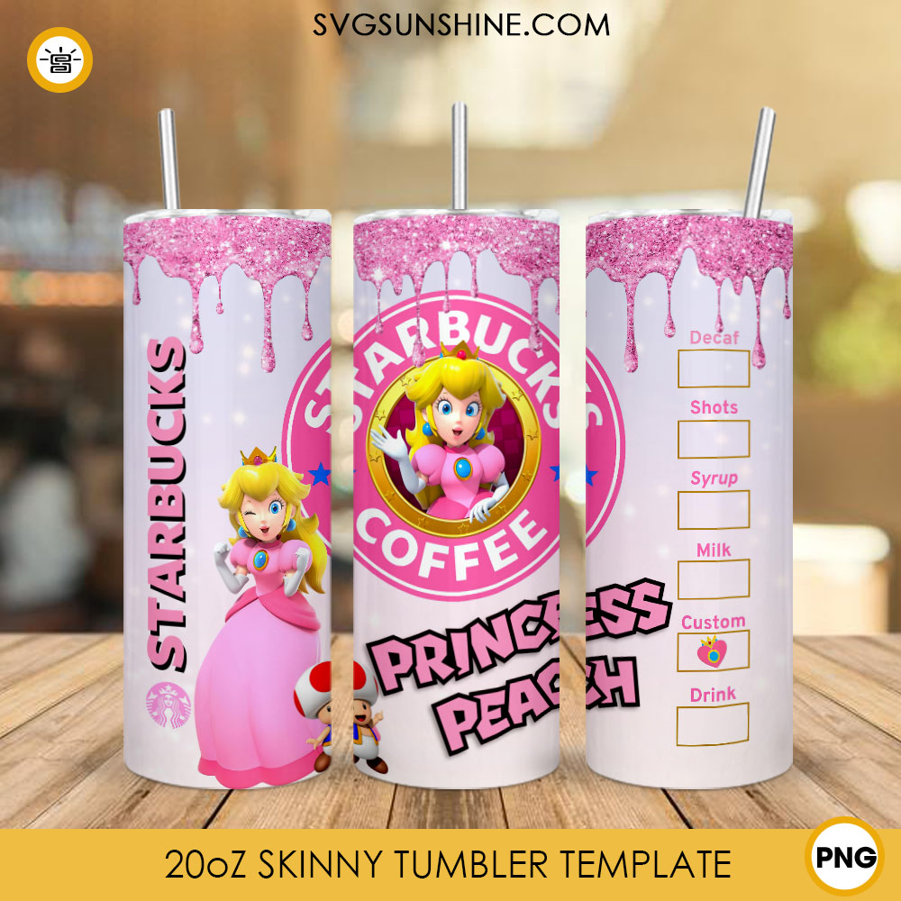 Princess Peach Super Mario Starbucks Coffee 20oz Skinny Tumbler Wrap PNG, Super Mario Bros Movie Tumbler Template PNG Sublimation