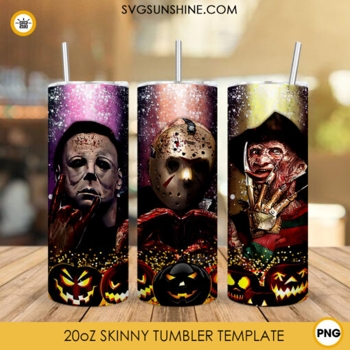 Michael Myers Jason Freddy 20oz Skinny Tumbler Wrap PNG, Horror Characters Tumbler Template PNG Design