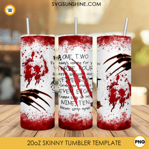 One Two Freddy's Coming For You 20oz Skinny Tumbler Wrap PNG, Freddy Krueger Tumbler Template PNG For Sublimation