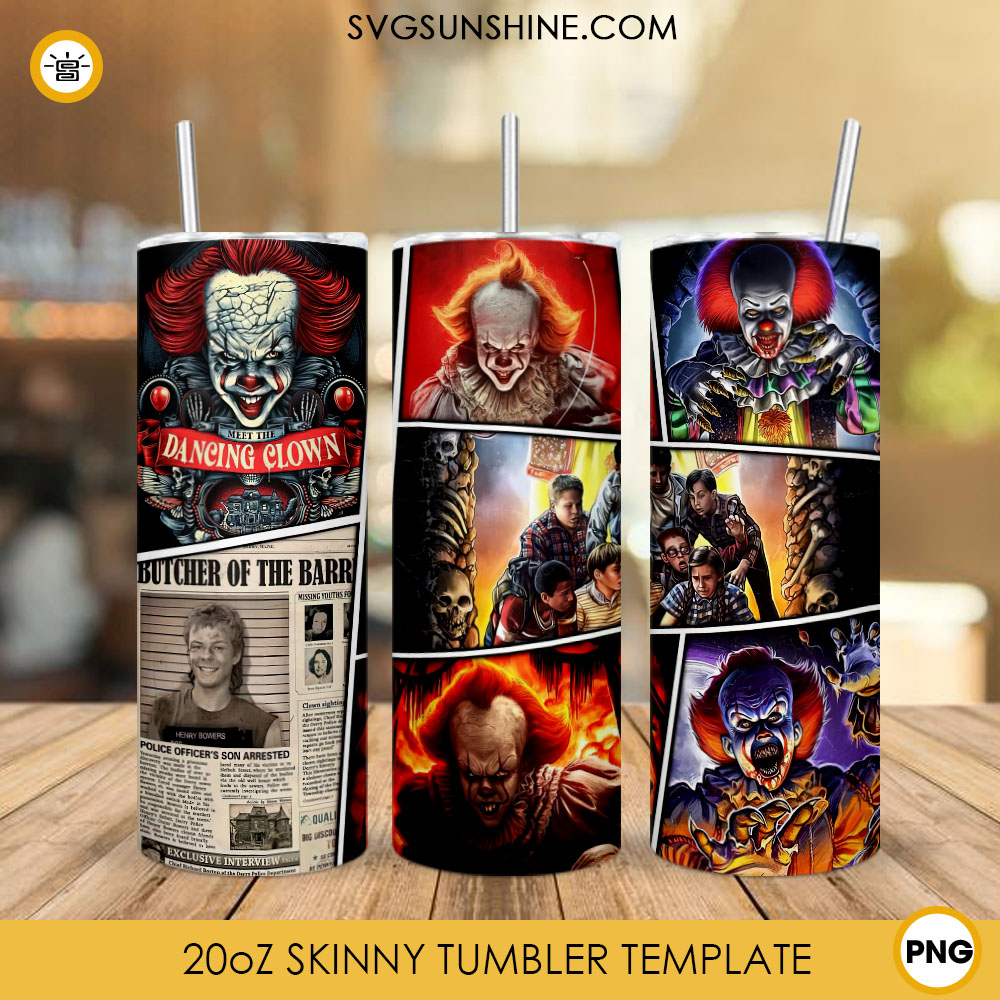 Pennywise 20oz Skinny Tumbler Wrap PNG, It Horror Clown Tumbler Template PNG Design