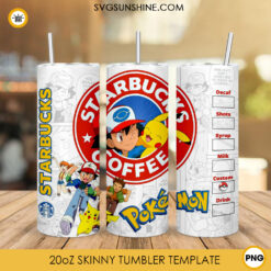 Pokemon Starbucks Coffee 20oz Skinny Tumbler PNG, Ash Ketchum Pikachu And Friends Tumbler Wrap Template PNG Digital Download